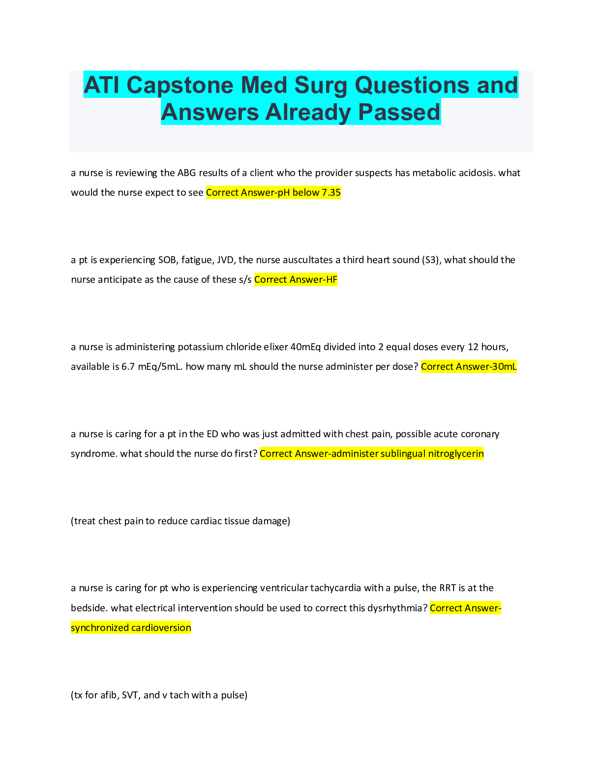 Preview image for ATI Capstone Med Surg Questions and Answers Already Passed